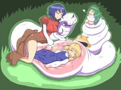 3girls blonde_hair blue_hair blush breasts closed_eyes closed_mouth coiling female green_hair hypnofood kanako_yasaka long_hair multiple_girls nipples open_mouth red_eyes sanae_kochiya short_hair smile snake suwako_moriya tearing_up tongue tongue_out touhou vore wide_hips yellow_eyes