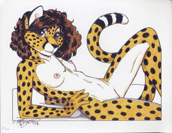 anthro blue_eyes breasts brown_hair cheetah ear_piercing feline female fur furry hair hi_res high_resolution looking_at_viewer lying nipples piercing pussy short_hair solo terrie_smith wheat