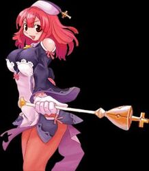 1girls bare_shoulders blush breasts cross female gloves la_pucelle_tactics large_breasts long_hair lowres nippon_ichi_software official_art open_mouth priere red_hair smile solo staff