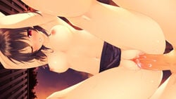 blush breasts brown_hair cum mogu navel original penis photoshop red_eyes sex topless