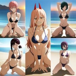 5girls ai_generated bikini black_bikini black_hair blonde_hair blue_bikini chainsaw_man clothed clothed_female duderu_vanilla eye_patch female female_only higashiyama_kobeni himeno_(chainsaw_man) horns kneeling makima_(chainsaw_man) multiple_girls power_(chainsaw_man) purple_bikini purple_hair red_hair reze_(chainsaw_man) swimsuit