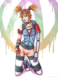 armor borderlands borderlands_2 clothed gaige_(borderlands) green_eyes h1kar1ko looking_at_viewer no_panties red_hair thighhighs