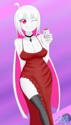 1girl 4_fingers anthro areolae artist_name azurezx big_breasts boob_window breasts cleavage clothed clothing curvaceous curvaceous_body curvaceous_female curvaceous_figure curvy curvy_body curvy_female curvy_figure curvy_hips dress eyelashes female female_focus female_only friday_night_funkin friday_night_funkin:_entity friday_night_funkin_mod holding_glass holding_object huge_breasts large_breasts long_hair looking_at_viewer necklace neckwear nikusa_(fnf) nikusa_(sugarratio) one_arm_behind_back one_arm_raised one_arm_up one_eye_closed pink_eyes pink_hair red_dress smile solo solo_focus thick_breasts thick_hips thick_legs thick_thighs thighhighs thighs voluptuous voluptuous_female white_body white_hair white_skin wide_hips wine wine_glass yellow_eyes