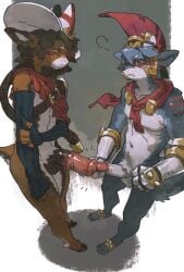 animal_genitalia animal_penis anthro arm_markings arm_warmers armor armwear blush blush_lines brown_body brown_hair canid canine canis cape claws clothing countershading crotch_tuft dipstick_ears duo ear_markings equid equine equine_genitalia equine_penis erection galea gauntlets genitals gloves hair handwear hi_res hooved_toes hooves horse humanoid_genitalia humanoid_penis juo1 kissing looking_at_genitalia looking_at_penis male male/male mammal markings mostly_nude multicolored_ears narrowed_eyebrows penis penis_kissing penis_size_difference red_cape red_clothing red_eyes scut_tail short_tail shoulder_markings tail toe_claws tuft vein veiny_penis white_body white_countershading wolf yellow_eyes