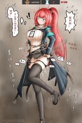 anal aqua_eyes arknights armband artist_name black_panties black_thighhighs breasts bug chinese_text commentary defeat doctor_(arknights) female female_doctor_(arknights) ff31415926 game_over gameplay_mechanics grey_background highres insect_wings insectophilia interspecies large_breasts leg_up life_points long_coat long_hair panties panty_pull ponytail pussy_juice rape red_hair sex sex_from_behind sweater thighhighs thighs translated underwear white_sweater wings zettai_ryouiki zoophilia