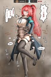 anal aqua_eyes arknights armband artist_name black_panties black_thighhighs breasts bug chinese_text commentary defeat doctor_(arknights) double_penetration female female_doctor_(arknights) ff31415926 game_over gameplay_mechanics grey_background highres insect_wings insectophilia interspecies large_breasts leg_up life_points long_coat long_hair panties panty_pull ponytail pussy_juice rape red_hair sex sex_from_behind standing_double_penetration sweater thighhighs thighs translated underwear vaginal_penetration white_sweater wings zettai_ryouiki zoophilia
