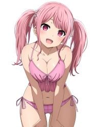 noshimurin bang_dream! 1girls solo female female_only female_focus very_high_resolution simple_background portrait white_background standing cowboy_shot maruyama_aya pink_hair long_hair twintails swept_bangs bowtie tied_hair pink_eyes :d smile open_mouth tongue looking_at_viewer collarbone navel shadow hand_on_thigh arm_support breasts large_breasts ass_visible_through_thighs bikini two-piece_swimsuit pink_bikini pink_bikini_top bikini_top bow_bikini pink_bikini_bottom bikini_bottom side-tie_bikini cleavage swimsuit