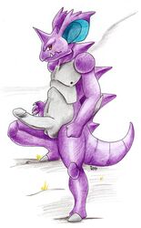 1boy balls big_ear erection horn looking_at_viewer male male_only nidoking nintendo nude penis pinup pitch-black-crow plain_background pokemon pokemon_(species) purple_body red_eyes scalie solo spines video_games white_background