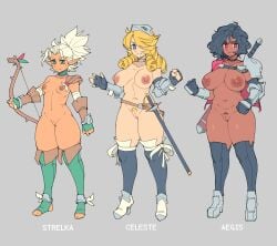2d 3girls absurd_res areola armor armored_boots big_breasts black_hair blonde_hair blonde_pubes blue_eyes boots bow_(weapon) breasts brown_areola brown_nipples character_name color curly_hair dark_body dark_skin elf elf_female eyelashes female female_only genitals green_eyes grey_background group hair hair_over_eye hi_res high_heel_boots high_heels holding_bow_(weapon) holding_object holding_ranged_weapon holding_weapon human humanoid krahe mammal melee_weapon mostly_nude multiple_girls navel nipples original original_characters pink_areola pink_nipples pubes ranged_weapon red_eyes simple_background small_breasts smile sword sword_on_back tan_body tan_skin text thick_thighs toeless_legwear trio unconvincing_armor vulva weapon white_hair