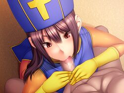 apron blue_apron blue_hat brown_hair censored cfnm clothed_female_nude_male clothing cosplay cragon_quest dragon_quest dragon_quest_iii fellatio female hair hat latex male ogata_mamimi oral orange_latex penis priest_(dq3) red_eyes semen_sommelier small_penis straight