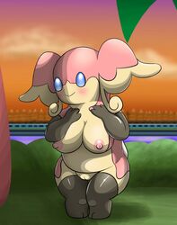 audino big_breasts big_ear big_thighs blue_eyes blush breasts chubby female furry hands_on_breasts hi_res high_resolution looking_at_viewer nintendo ole outside pokemon smile solo stockings video_games