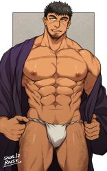 1boy 2025 abs artist_name bara bare_breasts beard beefy biceps big_areola big_hands black_eyes black_hair breasts broad_shoulders bulge bulge_through_clothing daddy dated dilf eyelashes fundoshi gay grey_background happy_trail hi_res hunk kimono laugh leg_hair male male_only manly mature_male muscles muscular muscular_arms muscular_legs muscular_male muscular_neck muscular_thighs navel open_clothes original original_character pecs pubic_hair quadriceps rnsk8931_(rnsk_akatsuki) rokushaku_fundoshi scar scar_on_chest scar_on_face scar_on_leg scar_on_nose scars scars_all_over short_hair six_pack solo standing thick_eyebrows tough_guy very_high_resolution white_border white_fundoshi yaoi yukata
