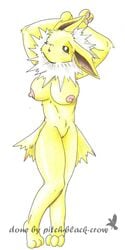 anthro anthrofied breasts eeveelution female jolteon looking_at_viewer nintendo nipples nude pinup pitch-black-crow plain_background pokemon pokemon_(species) pokemorph pose pussy solo video_games watermark white_background yellow_body