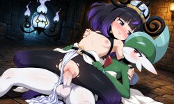 1boy 1girls ai_generated chandela chandelure erureido female female_human/male_pokemon gallade gwynn_(pokemon) hat hidden human male male_pokemon/female_human muku_(pokemon) pantyhose pokemon pokemon_(species) pokemon_legends:_z-a pokephilia purple_eyes purple_hair reverse_cowgirl_position sewage sex shy_smile small_breasts spooky spread_legs vaginal_penetration vaginal_sex