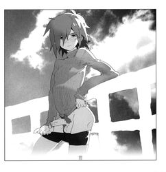 1boy androgynous balls bike_shorts black_and_white blush bulge censored comic erection fujimoto_hideaki looking_at_viewer male male_only model monochrome nipples penis pose posing pubic_hair red_hair skies_of_arcadia solo sweater trap undressing veiny_penis vyse