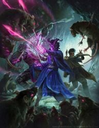 akreon ambiguous_gender anthro armor arrow_(weapon) belt bow_(weapon) brown_body brown_fur buckteeth cave clothing dragonborn_(dnd) dungeons_and_dragons eyewear female feral fur glasses glowing glowing_eyes gore grey_body grey_scales group hasbro hi_res holding_bow_(weapon) holding_melee_weapon holding_object holding_ranged_weapon holding_shield holding_sword holding_weapon horn human humanoid impalement magic male mammal melee_weapon murid murine official_art open_mouth purple_clothing purple_robe quiver_(object) ranged_weapon rat robe rodent scales scalie shield standing sword teeth tiefling weapon wizards_of_the_coast