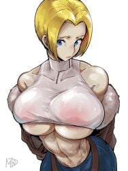 1girls aviator_jacket big_breasts blonde_hair blue_eyes blue_mary bomber_jacket brown_jacket clothed clothed_female denim fatal_fury fatal_fury:_city_of_the_wolves female fluffy fur-trimmed_jacket huge_breasts jacket jeans king_of_fighters light-skinned_female light_skin looking_at_viewer madd_horner nipple_slip pale-skinned_female pale_skin pants short_hair snk thick thick_thighs thighs tight tight_clothes tight_clothing tits underboob undressing voluptuous voluptuous_female white_background