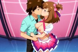 ai_generated blouse bows breasts brown_hair cum_on_breasts exposed_breasts green_eyes haruka_(pokemon) idol kissing may_(pokemon) may_(pokemon_oras) neckline neon_lights nightclub nipples pokemon pokemon_oras semen_on_breasts sexy sexy_body sexy_cleavage sexy_pose sexy_smile skirt things