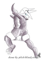 aggron all_fours anthro anthrofied anus ass bird blue_eyes female gray_body horn looking_at_viewer looking_back nintendo pinup pitch-black-crow plain_background pokemon pokemon_(species) presenting presenting_hindquarters pussy raised_tail tail video_games watermark white_background