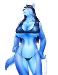 big_breasts bikini black_hair blue_fur breasts equus female fur furry glasses hair raven_hunt solo wolf yellow_eyes