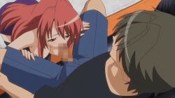animated blackmail blowjob boy breasts breasts_out brown_hair_male clothed clothed_female clothed_male eyeless_male gif girl green_eyes hentai_series living_room male/female older_female poro red_hair_female smiling_male triangle_blue viewed_from_above younger_male