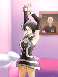 1futa armpits arms_up artist_request balls bed black_hair blue_eyes blush bottomless clothed clothing dress edward_sallow fallout flustered futanari goth goth_futa goth_girl human light_skin marley_(pokemon) mostly_clothed penis pokemon project-x3 source_request
