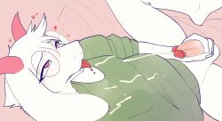 2023 2_horns anthro bodily_fluids bottomless bottomless_anthro bottomless_male bovid caprine clothed clothing cum deltarune desertkaiju ejaculation eyebrows eyewear fur genital_fluids genitals glasses goat green_clothing green_topwear hand_on_own_penis hand_on_penis hi_res horn humanoid_genitalia humanoid_penis lying male male_anthro mammal masturbation on_back penile penile_masturbation penis pink_eyes pink_horn ralsei solo spread_legs spreading tongue tongue_out topwear undertale_(series) white_body white_fur