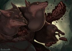 3_heads canine cerberus gulp oral_vore pardusliberty saliva saliva_drip swallowing throat_bulge vore