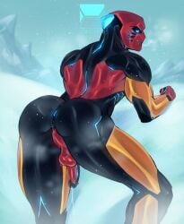 2019 anal_fluids anus ass balls bionicle black_body blue_eyes bodily_fluids demitsorou erection genital_fluids genitals glowing glowing_eyes glowing_markings hi_res kneeling leaking_precum lego machine male male_only markings mountain orange_arms orange_legs penis precum precum_on_leg presenting presenting_hindquarters red_back red_balls red_penis robot snow solo tahu toa watermark