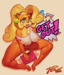 2022 accessory activision anthro bandicoot big_breasts blonde_hair bodily_fluids breasts brown_body brown_fur caught_in_the_act caught_masturbating cleavage clothed clothing coco_bandicoot computer crash_(series) drooling electronics embarrassed eyelashes female food fruit fur green_eyes hair hair_accessory hairband hand_in_underwear hi_res laptop lipstick long_hair makeup mammal marsupial masturbation multicolored_body multicolored_fur negarobo nipple_outline panties plant ponytail robaato saliva solo speech_bubble spread_legs spreading tan_body tan_fur thick_thighs underwear walked_in_on wumpa_fruit