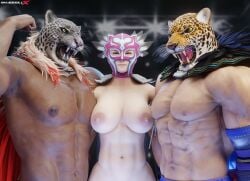 1girls 2boys absurd_res armor_king athletic_female bandai_namco bisexual breasts brown_eyes chest female high_resolution highres jaycee_(tekken) julia_chang king large_breasts looking_at_viewer male mask muscular_male navel nipples shaddoll_x tekken tekken_8 topless wrestler