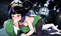 1boy 1girls ai_generated chandela chandelure cowgirl_position erureido female female_human/male_pokemon gallade gwynn_(pokemon) hat hidden human kissing kissing_while_penetrated male male_pokemon/female_human muku_(pokemon) pantyhose pokemon pokemon_(species) pokemon_legends:_z-a pokephilia purple_eyes purple_hair sewage sex small_breasts spooky vaginal_sex