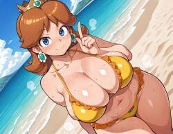 1girls ai_generated beach big_breasts bikini busty child_bearing_hips cloud curvy daisy female female_only ginger large_breasts navel ocean princess_daisy redhair sex side_tie_bikini smile solo sun thick_thighs thong_bikini water yellow