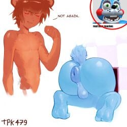 anus backsack balls bear blush blushing_profusely feet five_nights_at_freddy's five_nights_at_freddy's_2 frustrated genitals hi_res humanoid humor lagomorph leporid male male/male mammal puffy_anus rabbit scottgames stuck_in_vent toy_bonnie_(fnaf) toy_freddy_(fnaf) tpk479