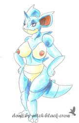 anthro anthrofied big_ear blue_body breasts female hands_on_hips horn looking_at_viewer nidoqueen nintendo nipples nude pinup pitch-black-crow pokemon pokemon_(species) pussy smile solo spines video_games watermark