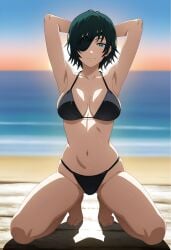 1girls ai_generated bikini black_bikini chainsaw_man clothed clothed_female duderu_vanilla eye_patch female female_only green_hair hands_behind_head himeno_(chainsaw_man) kneeling solo swimsuit