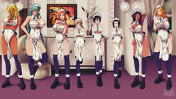 6+girls 8girls arrancar aw08 bleach clothing dark-skinned_female dark_skin espada female female_only inoue_orihime karin_kurosaki kuchiki_rukia kurosaki_karin kurosaki_yuzu maid maid_headdress matsumoto_rangiku multiple_girls naked_apron nelliel_tu_odelschwanck shihouin_yoruichi tia_harribel yuzu_kurosaki