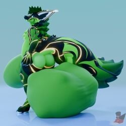 3d_(artwork) absurd_res animal_genitalia anthro ass backsack balls belly big_balls big_butt big_penis big_sheath big_tail black_mane blender_(artwork) blender_cycles_(artwork) blue_background blue_eyes blue_pawpads bulging_balls cheek_tuft cock_vore degyn_sefer digital_media_(artwork) ear_tuft elbow_fluff facial_tuft fangs fluffy fluffy_chest fluffy_tail fur genitals glowing glowing_eyes glowing_markings green_balls green_body green_fur green_hair green_sheath hair hand_on_hip hi_res huge_balls huge_cock huge_sheath huge_tail hyper hyper_balls hyper_genitalia hyper_penis hyper_sheath inner_ear_fluff looking_at_viewer male mane markings pawpads paws penile penis reflection reflective_floor sheath simple_background slightly_chubby smug solo standing tail teeth thick_thighs tuft vore vore_bulge vulper walking watermark yellow_markings zorublitzfire