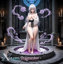 ai_assisted ai_generated bare_legs bare_shoulders barefoot breasts brick brick_floor brick_wall candle collarbone crack cracked_wall female full_body hitodama japanese_clothes large_breasts long_hair looking_at_viewer nipples pavement pelvic_curtain pillar red_eyes sash silk smile solo spider_web stairs standing stone stone_floor stone_wall tile_floor tiles very_long_hair wall