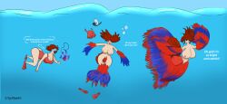 2020 absurd_res animal_humanoid arm_fin artist_name betta_(genus) blue_background blue_eyes blue_fin blue_sclera blue_sky blue_water breast_expansion breasts bubble cleavage clothed clothing dialogue digital_drawing_(artwork) digital_media_(artwork) english_description english_text erect_nipples expansion eyewear female fin fin_arms fish fish_humanoid fish_tail flippers goggles gourami growth hair hair_growth hand_out hand_outstretched hi_res human human_to_humanoid humanoid jewelry mammal marine marine_humanoid merfolk necklace nipples no_pupils one-piece_swimsuit open_mouth red_clothing red_fin red_hair red_swimwear sequence siamese_fighting_fish simple_background sky snorkel solo species_transformation split_form swimwear text three_frame_image three_frame_sequence transformation tyrolea underwater water white_text