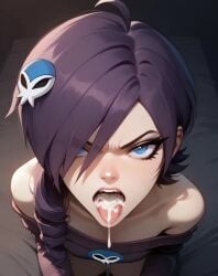 2d after_oral ahoge ai_generated angry annoyed blue_eyes cum_in_mouth cum_on_tongue disgusted drill_hair emo forced_to_swallow hates_it looking_at_viewer mouthful_of_cum pov pov_eye_contact purple_hair skull_hair_ornament sweater tasting_cum tongue tongue_out zone-tan