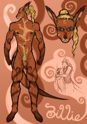 absurd_res anthro armpit_hair billie_(marcyrott) blonde_hair blue_eyes body_hair eyewear flat_chested full-length_portrait fur fur_markings genitals glasses hair happy_trail headshot_portrait hi_res kangaroo macropod male mammal marcyrott markings marsupial multiple_piercings muscular muscular_anthro muscular_male orange_body orange_fur original_character_do_not_steal pattern_background penis piercing portrait simple_background solo swirl_pattern tail tied_hair trans_(lore) trans_woman_(lore)