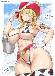 1girl 1girls 2026 alternate_breast_size alternate_breast_size_(larger) animal_print areola_slip areolae_slip bare_shoulders big_breasts bikini bikini_bottom bikini_top blonde_hair blue_eyes blush bottle braid braided_twintails breasts breasts_bigger_than_head bucket cameltoe cheekie cheekie0 child_bearing_hips cleavage covered_nipples cow_print cow_print_bikini cow_print_thighhighs cowboy_hat cowgirl creatures_(company) curvaceous curvy curvy_body curvy_female curvy_figure double_peace_sign english_text female female_focus female_only female_pubic_hair game_freak glistening glistening_body gloves hair_over_shoulder hat heart hi_res high_resolution highres holding holding_bucket holding_object huge_breasts kitt_(pokemon) large_areolae large_breasts long_hair looking_at_viewer micro_bikini milk_bottle mouth_hold muscular muscular_female navel nintendo nipple_bulge one_eye_closed panties peace_sign pokemon pokemon_champions print_bikini print_thighhighs pubic_hair pubic_hair_peek red_hat revealing_clothes rucola_(pokemon) sagging_breasts skindentation smile solo solo_female solo_focus speech_bubble stalk_in_mouth standing stockings sweat swimsuit tanned tanned_female tanned_skin thick_thighs thighhighs thighs thong_bikini twin_braids undersized_clothes voluptuous voluptuous_female white_gloves wide_hips