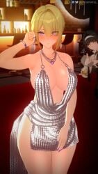 2girls 3d astra_yao bar_(place) black_hair blonde_hair blush bracelet breasts clothed clothing dress earrings embarrassed encouragement evelyn_chevalier female female_only hoyoverse huge_breasts indoors jewelry luxurious mihoyo necklace nose_blush painted_nails phoenixkoi purple_eyes purple_nails shy silver_dress star-shaped_pupils symbol-shaped_pupils thumbs_up timid whitekoi zenless_zone_zero
