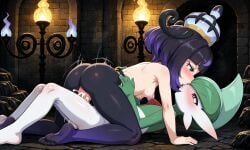 1boy 1girls ai_generated cowgirl_position cum_in_pussy cum_inside erureido feet female female_human/male_pokemon gallade gwynn_(pokemon) hat hidden human kissing kissing_while_penetrated male male_pokemon/female_human muku_(pokemon) pantyhose pokemon pokemon_(species) pokemon_legends:_z-a pokephilia purple_eyes purple_hair sewage sex small_breasts spooky vaginal_penetration vaginal_sex