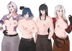 athletic athletic_female big_breasts boobs_out breasts breasts_out ceto_(path_to_nowhere) earring earrings female female_focus female_only hoyayuyu larger_female long_hair muscular muscular_biceps muscular_female ninety-nine_(path_to_nowhere) pants pants_only path_to_nowhere rahu_(path_to_nowhere) scar scar_on_face scars sharp_claws sharp_fingernails short_hair shorter_female smaller_female taller_female tattoos tits_out unbuckled_belt unbuttoned_pants veins zoya_(path_to_nowhere)