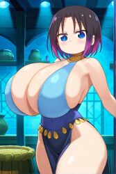 ai_generated black_hair blue_eyes dancing elma_(dragon_maid) female huge_breasts miss_kobayashi's_dragon_maid short_hair two-tone_hair