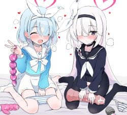 2girls ^_^ anal_beads arona_(blue_archive) black_choker black_eyes black_hairband black_pantyhose black_sailor_collar black_shirt blue_archive blue_hair blue_panties blue_shirt blush bow bow_panties braid choker closed_eyes closed_mouth collarbone colored_inner_hair commentary_request dildo facing_viewer grey_panties hair_over_one_eye hairband hairbow halo heart heart_halo highres hitachi_magic_wand holding holding_sex_toy long_hair long_sleeves looking_at_viewer miniskirt multicolored_hair multiple_girls neckerchief no_pants open_mouth panties pantyhose pc_fworks pink_hair pink_halo plana_(blue_archive) puffy_long_sleeves puffy_sleeves red_pupils sailor_collar school_uniform serafuku sex_toy shirt short_hair side_braid single_bare_foot single_braid single_sock sitting skirt socks striped_clothes striped_panties torn_clothes torn_pantyhose underwear very_long_hair vibrator wariza white_bow white_choker white_hair white_hairband white_neckerchief white_sailor_collar white_skirt white_socks