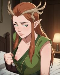 ai_generated antlers bed bedroom body_freckles breasts brown_hair clothes_pull collarbone critical_role critical_role:_vox_machina elf flashing freckles green_eyes green_shirt horns indoors lamp lips long_hair looking_at_viewer nipples no_bra on_bed one_breast_out parted_lips pillow pointy_ears shirt_pull small_breasts solo the_legend_of_vox_machina upper_body vex'ahlia1girl