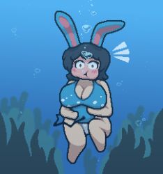 air_bubble air_bubbles azumarill azumarill_(cosplay) big_breasts black_hair blush blushing boobs breasts brown_eyes bubble bubbles bunny_ears embarrassed embarrassed_female gen_2_pokemon generation_2_pokemon pokemon pokemon_(species) puffed_cheeks scubagundam surprised swimsuit swimwear underwater water zxtomatofan